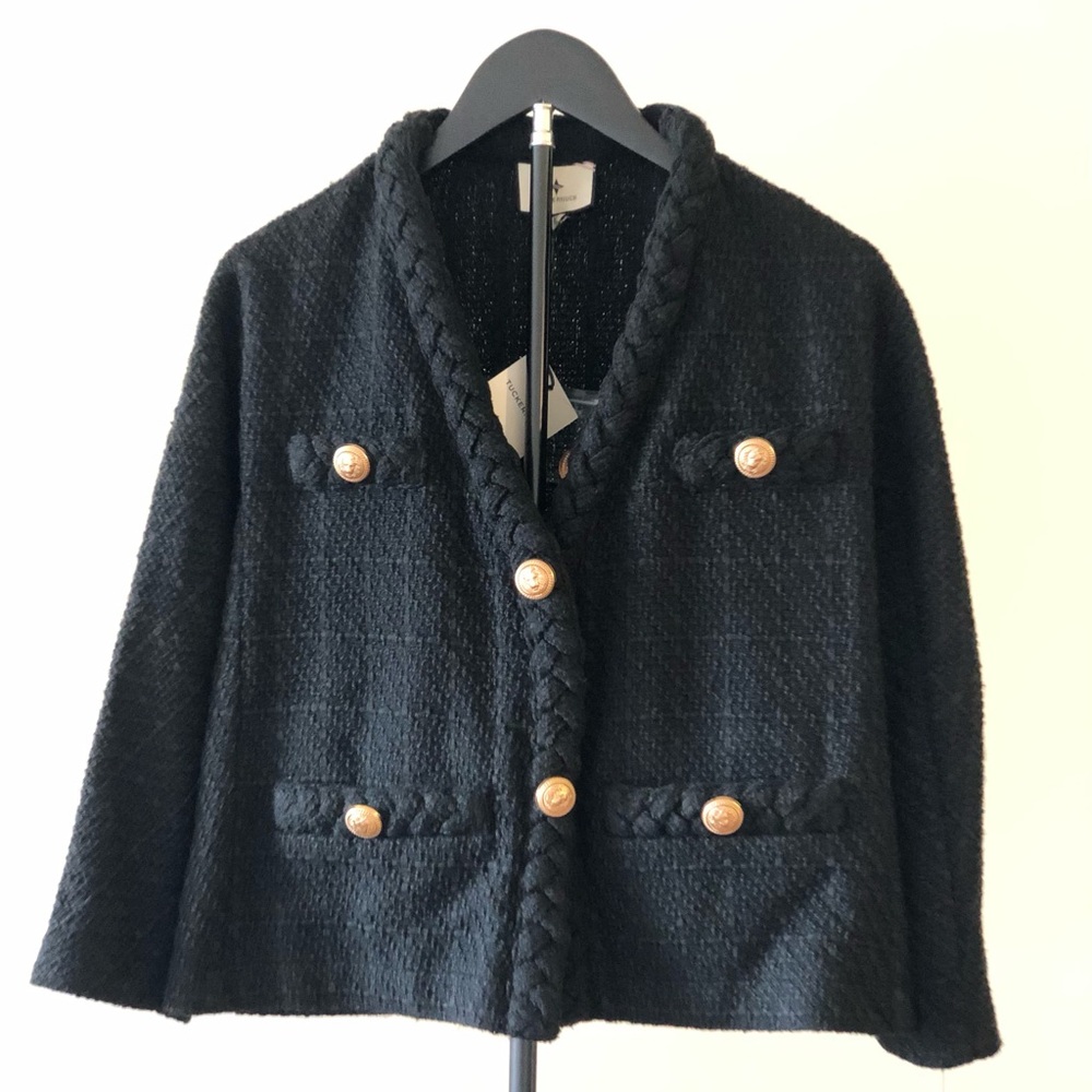 Tuckernuck Black Clodagh Tweed Jacket Blazer Coat Elegant Chic Braided Size XS